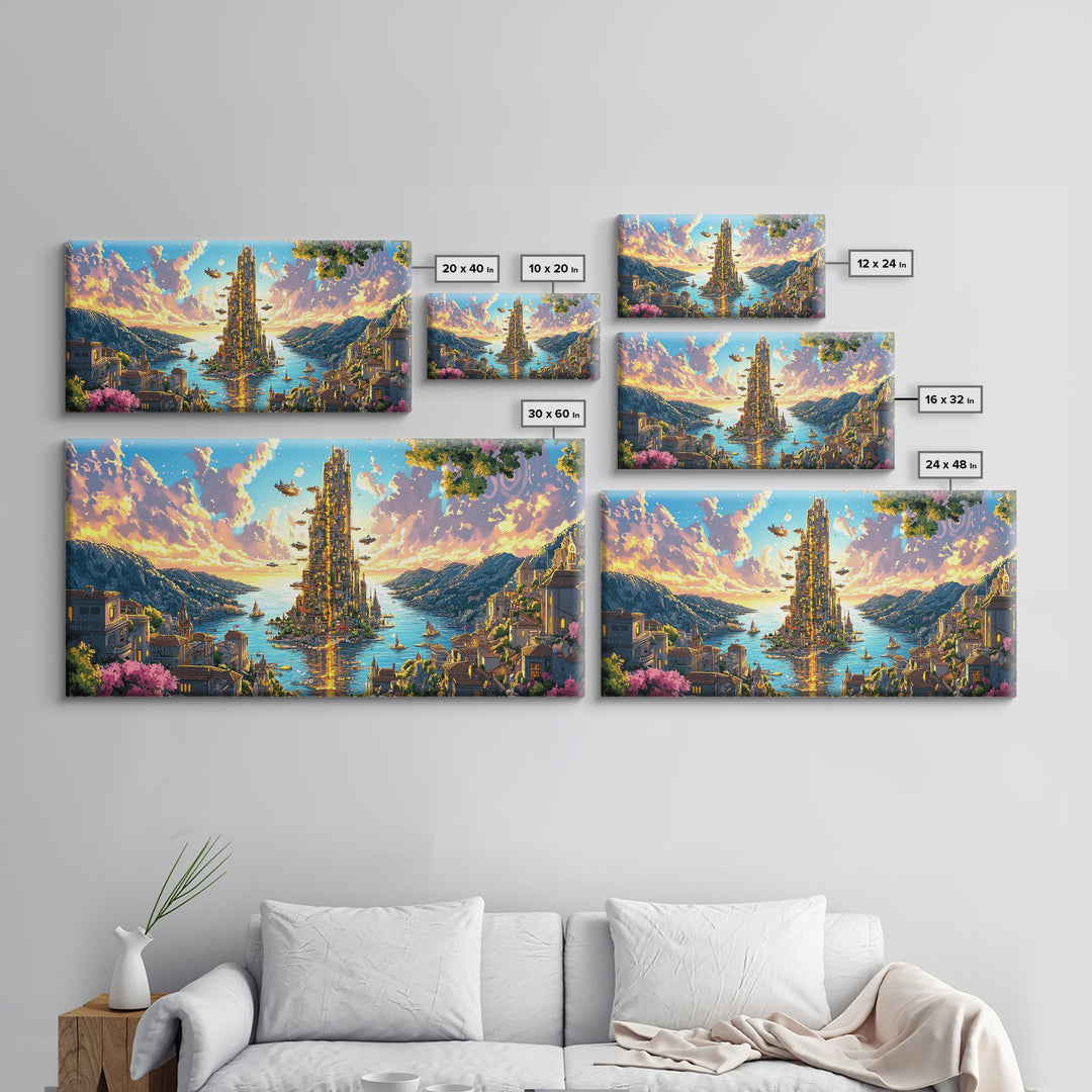 Radiant Island Tower And Alpine Bay Framed Canvas Print, Fantasy Coastal Wall Art, Italy Decor, Colorful Living Room Art