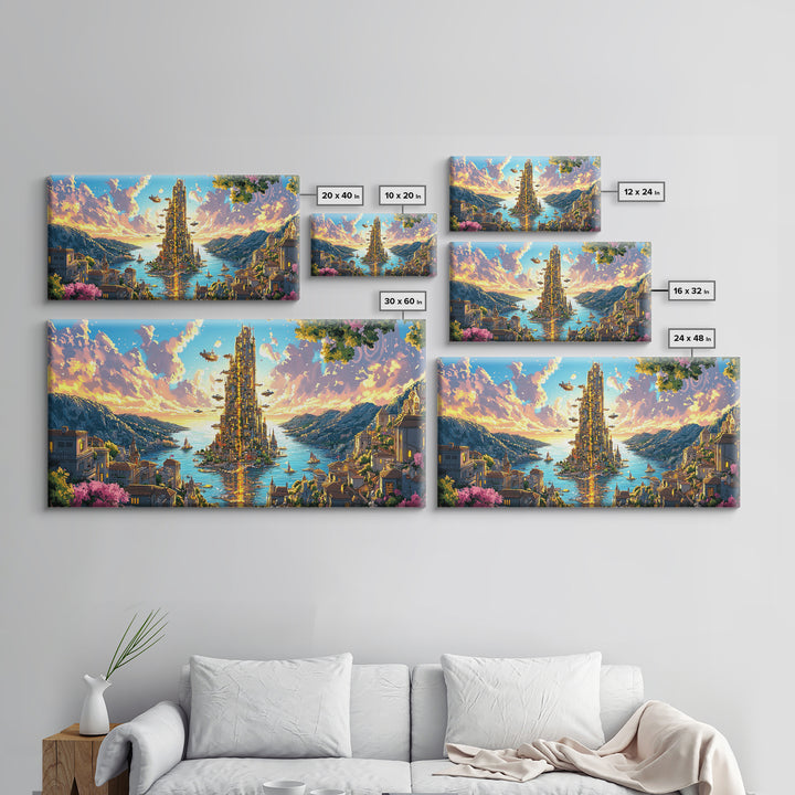 Radiant Island Tower And Alpine Bay Framed Canvas Print, Fantasy Coastal Wall Art, Italy Decor, Colorful Living Room Art