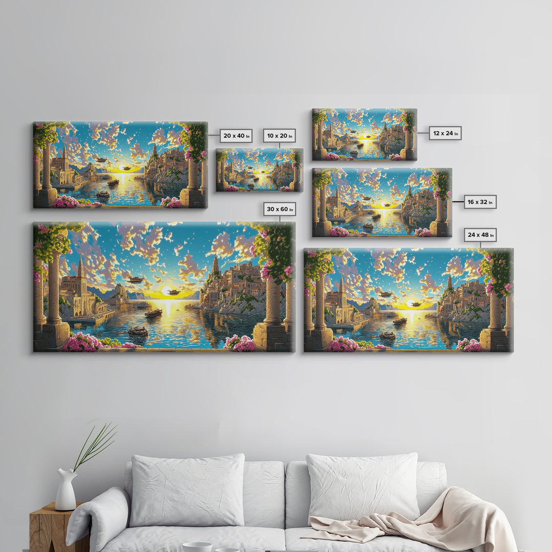 Sunlit Fantasy Harbor With Airships Canvas Print, Mediterranean Coastal Wall Art, Seascape Decor, Bright Living Room Print