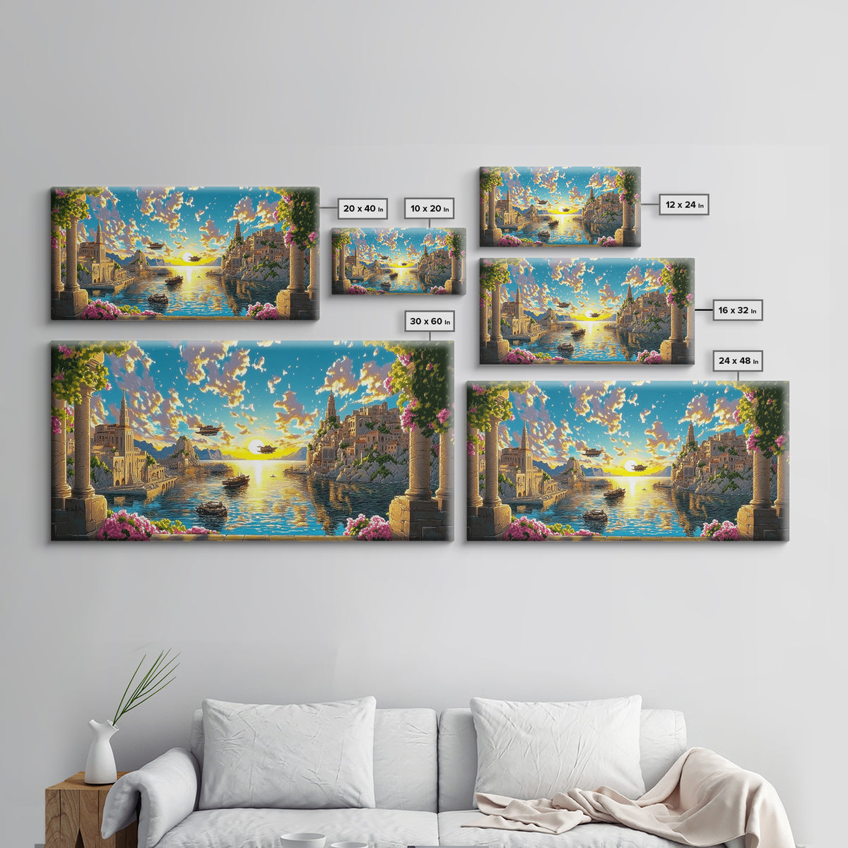 Sunlit Fantasy Harbor With Airships Canvas Print, Mediterranean Coastal Wall Art, Seascape Decor, Bright Living Room Print