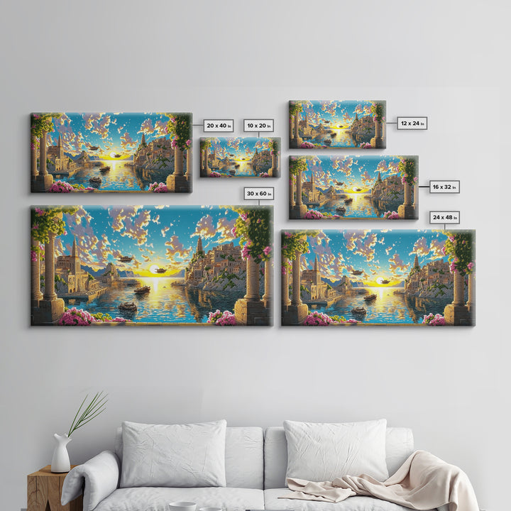Sunlit Fantasy Harbor With Airships Canvas Print, Mediterranean Coastal Wall Art, Seascape Decor, Bright Living Room Print