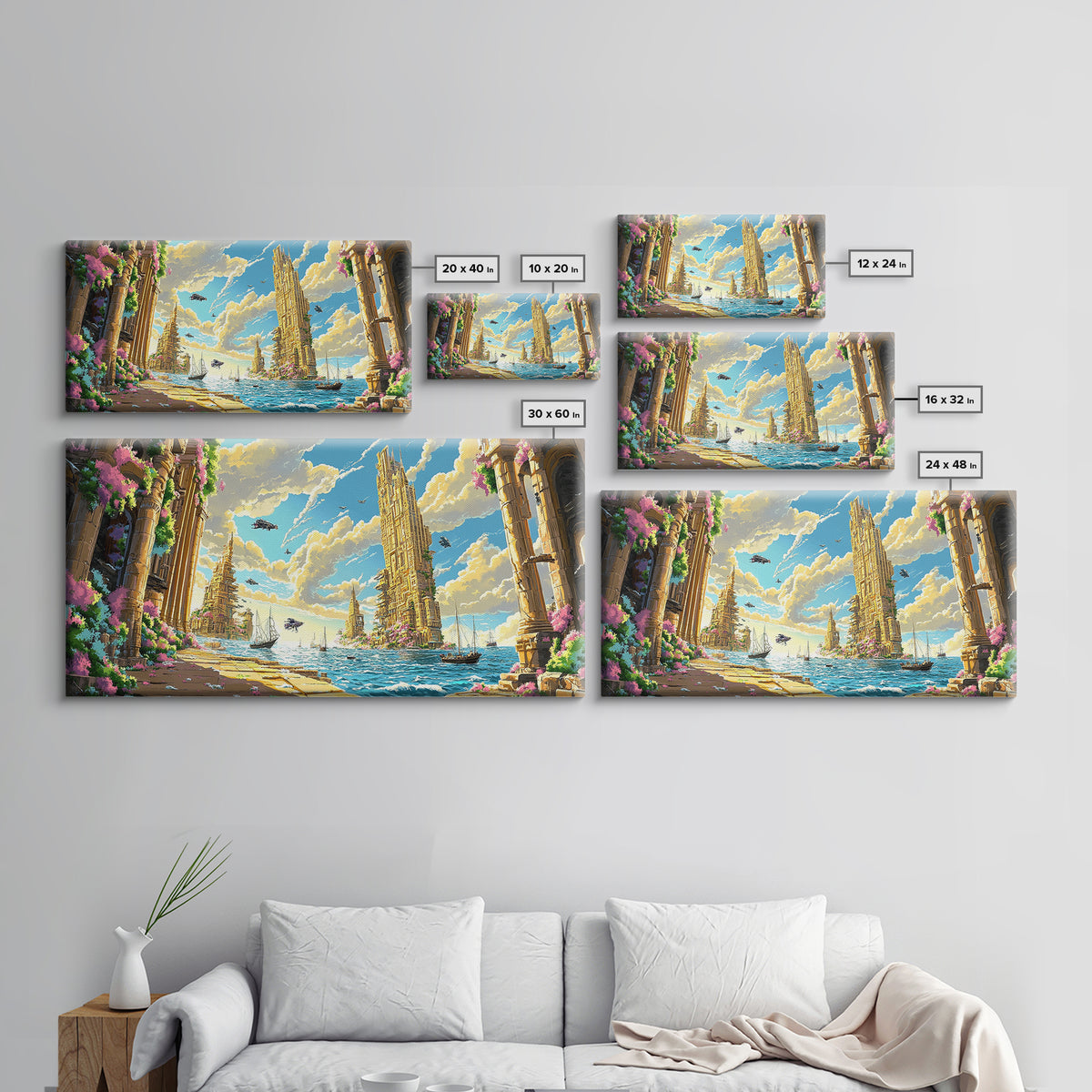 Blooming Fantasy Canal And Golden Towers Wall Art, Coastal Seascape Canvas, Mediterranean Decor, Large Horizontal Living Room Print