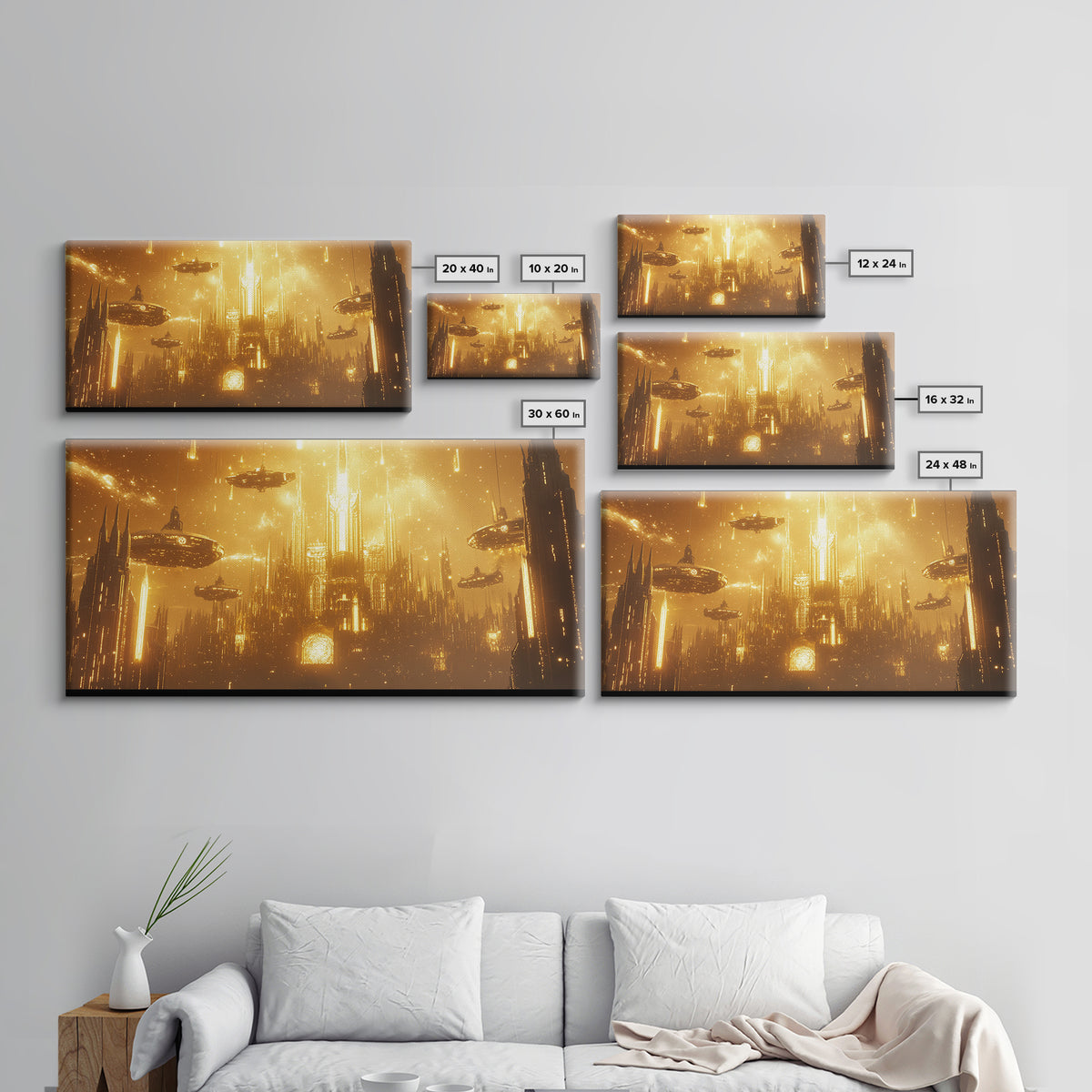 Glowing Golden Future Cathedral And Airships Canvas Print, Sci Fi Wall Art, Luxury Cyberpunk Decor, Oversized Statement Art