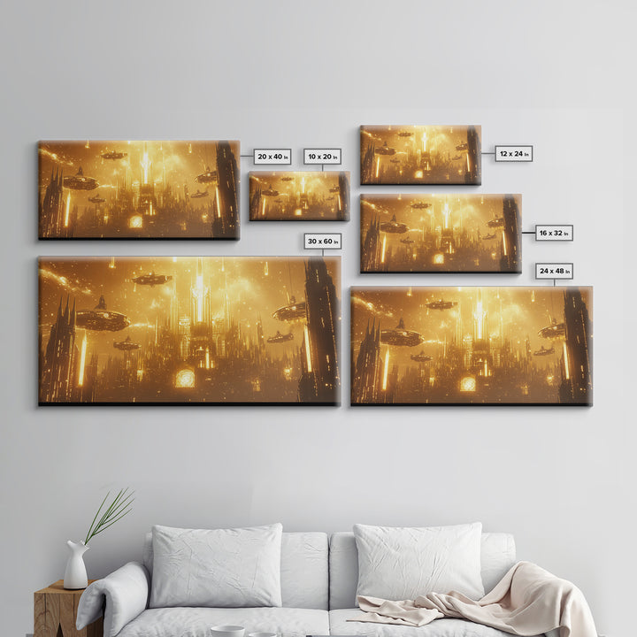 Glowing Golden Future Cathedral And Airships Canvas Print, Sci Fi Wall Art, Luxury Cyberpunk Decor, Oversized Statement Art