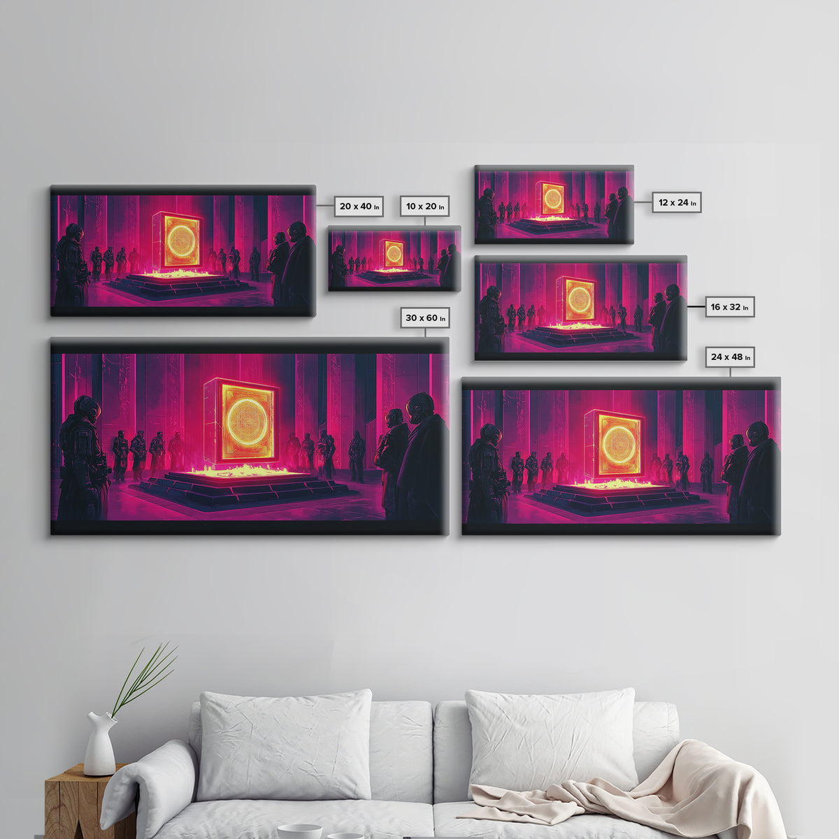 Neon Magenta Monolith Ritual Framed Canvas Print, Cyberpunk Wall Art, Sci Fi Decor, Dark Moody Futuristic Gallery Room Poster