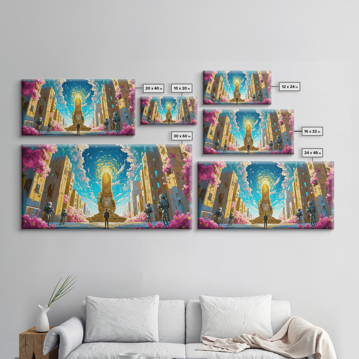 Celestial Portal Monument With Blossoms Wall Art, Modern Futuristic Sci Fi Canvas, Cyberpunk Decor, Vibrant Living Room Print
