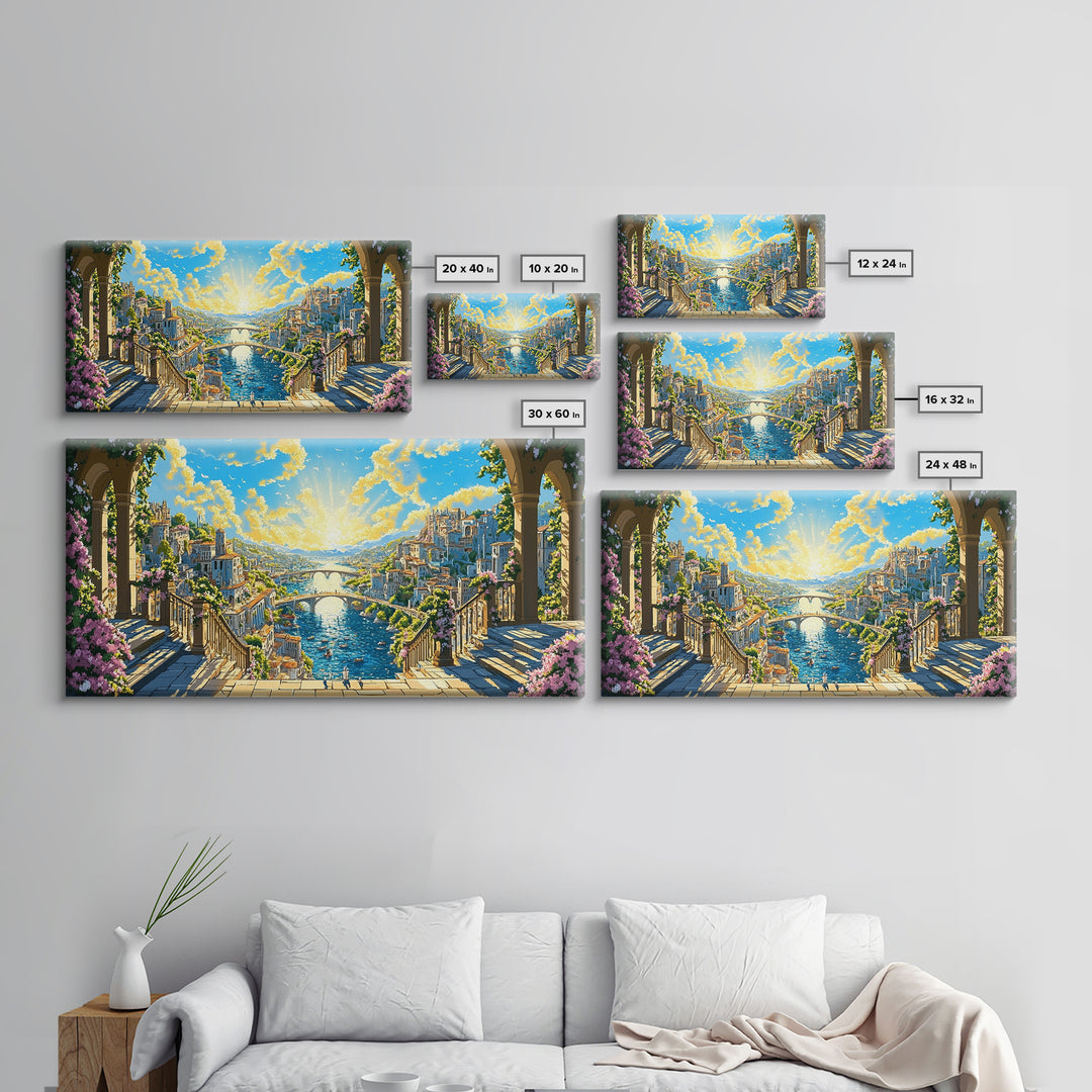 Sunlit Fantasy River City From Balcony Canvas Print, Mediterranean Wall Art, Colorful Coastal Decor, Bright Above Sofa Print