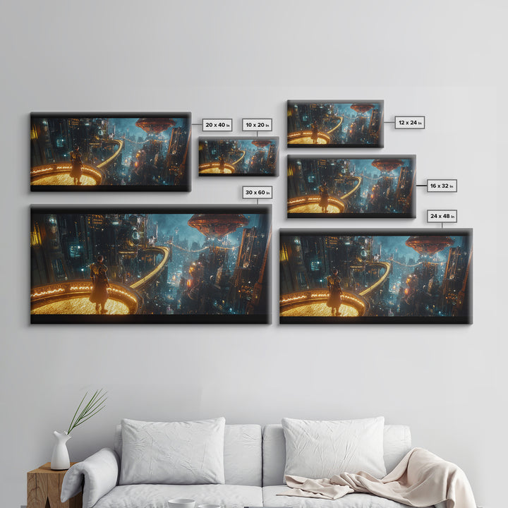 Cyberpunk Balcony Over Neon Megacity Wall Art, Futuristic Sci Fi Canvas, Dystopian Cityscape Large Office Living Room Print