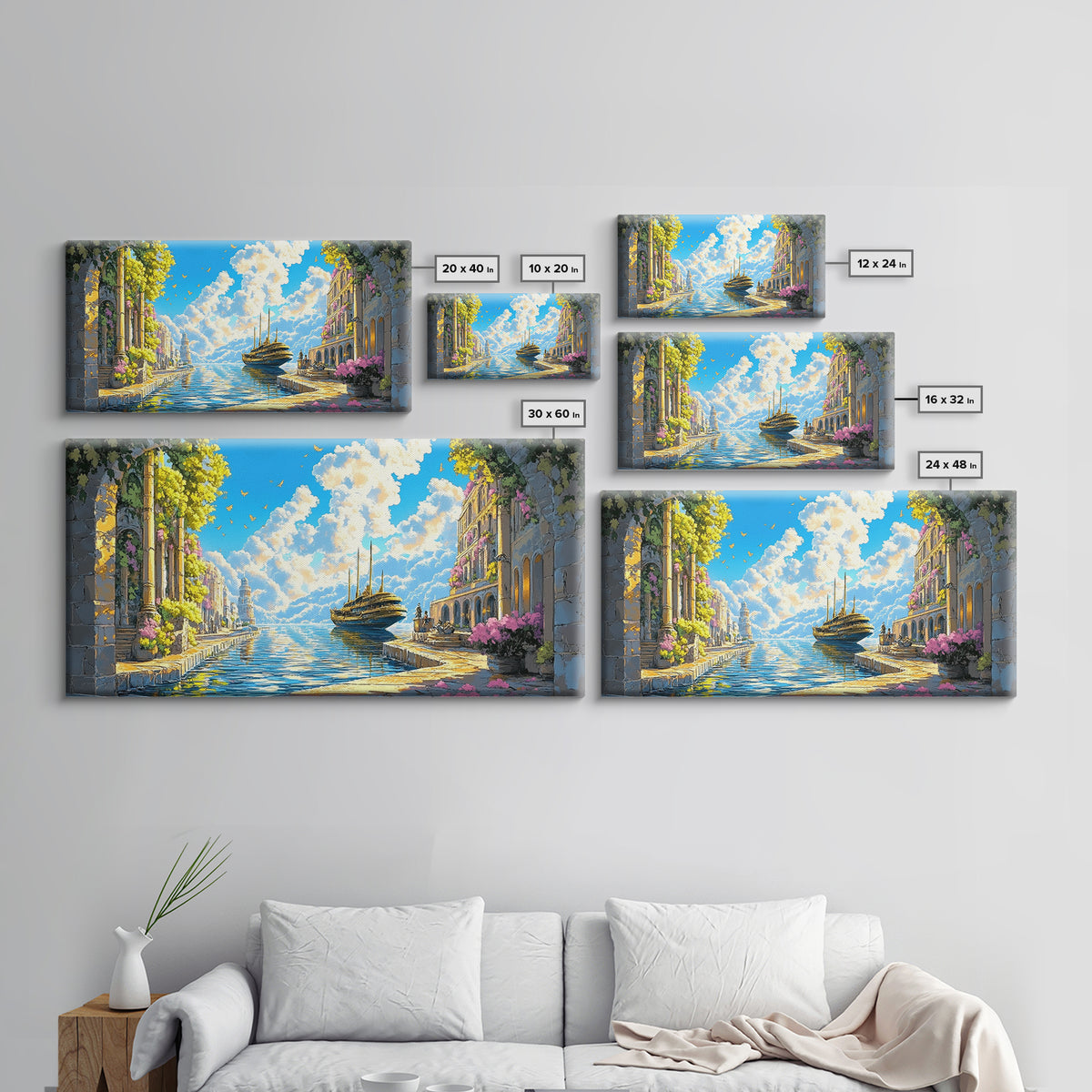 Sunlit Mediterranean Canal And Flowered Stone City Wall Art, Coastal Italy Canvas Print For Living Room Decor And Beach House Decor