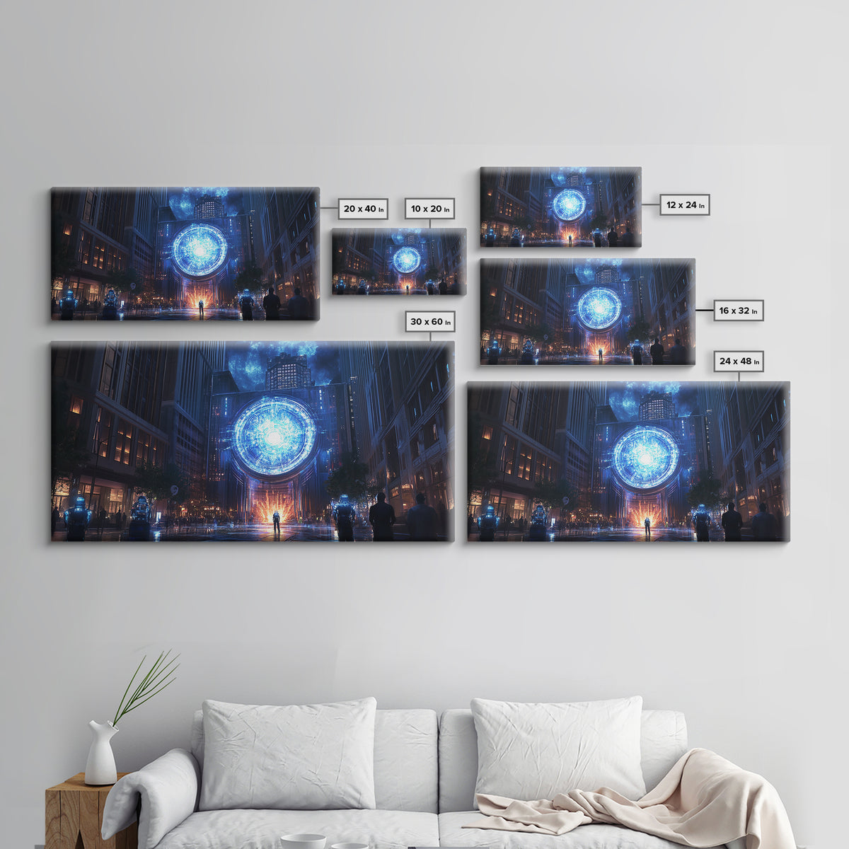 Blue Cosmic Portal Over Dark City Street Framed Canvas Print, Sci Fi Wall Art For Gaming Room Decor And Modern Cyberpunk Decor