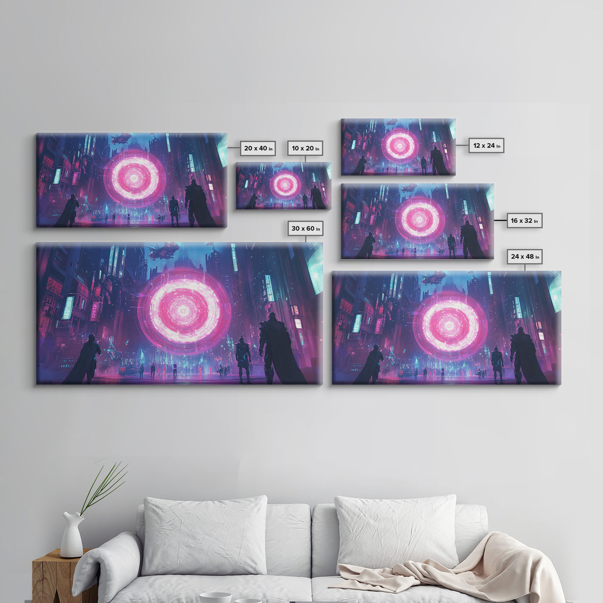 Neon Pink Portal In Rainy Cyberpunk Megacity Canvas Print, Futuristic Wall Art For Gaming Room Decor And Sci Fi Gift For Him