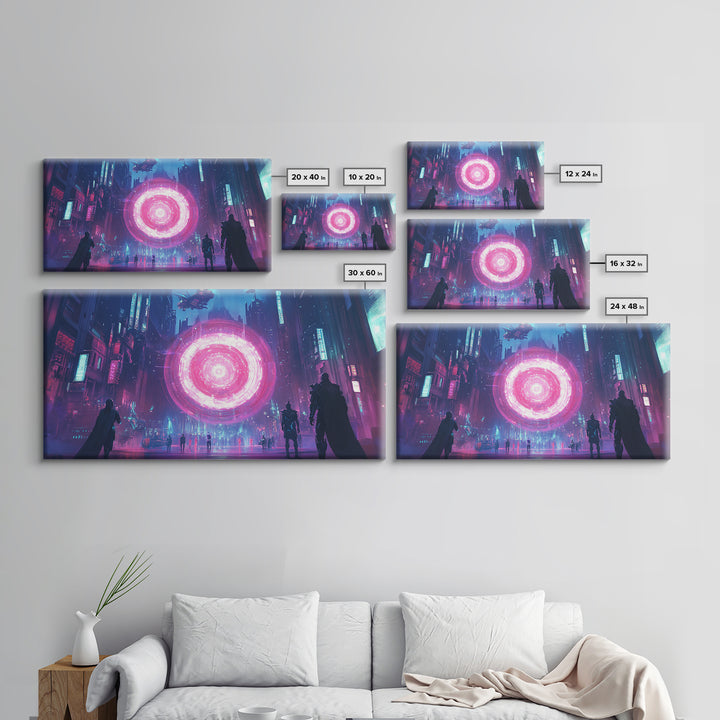 Neon Pink Portal In Rainy Cyberpunk Megacity Canvas Print, Futuristic Wall Art For Gaming Room Decor And Sci Fi Gift For Him