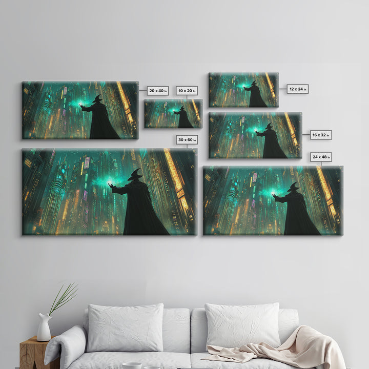 Wizard Casting Green Light In Futuristic Neon City Framed Canvas Print, Cyberpunk Wall Art For Sci Fi Office Decor And Gaming Room