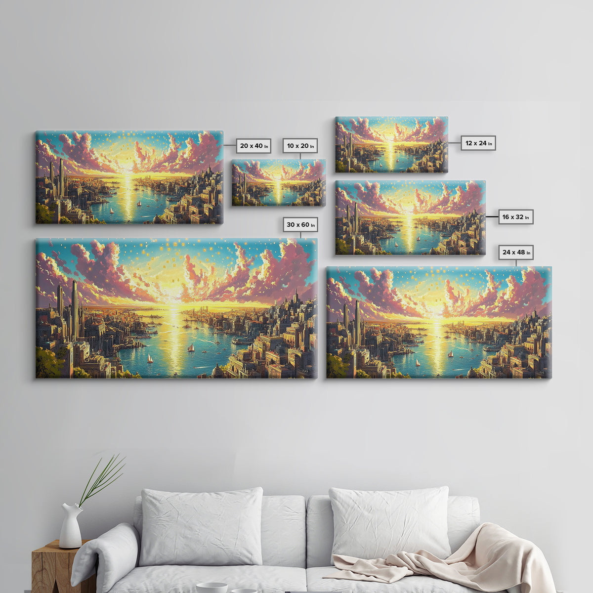 Panoramic Golden Harbor City At Sunrise Wall Art, Futuristic Coastal Canvas Print For Living Room Decor And Large Horizontal Art