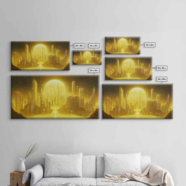 Golden Moon Over Futuristic Skyline And River Wall Art, Celestial City Canvas Print For Modern Office Decor And Sci Fi Home Decor