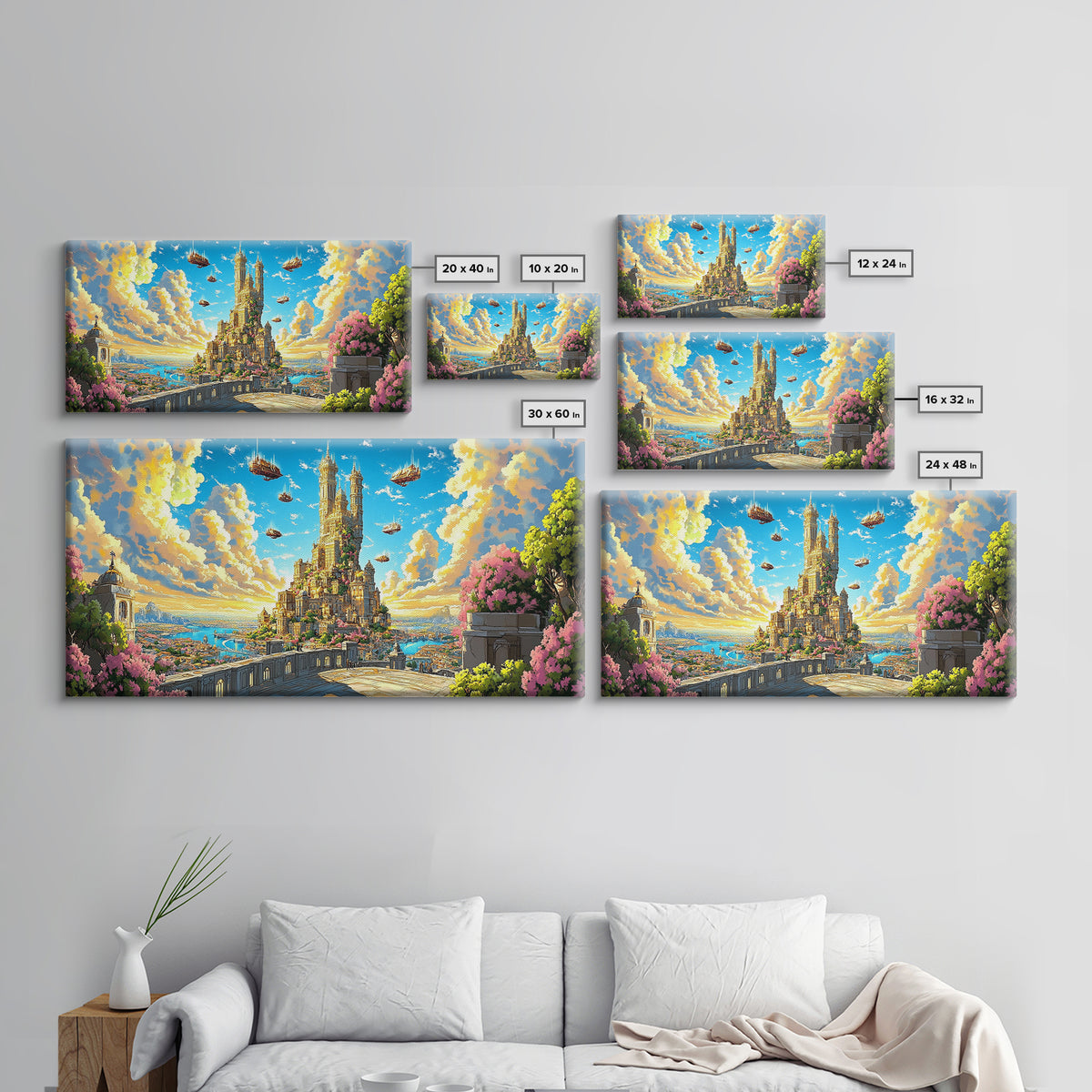 Sunlit Floating Castle City Canvas Print, Fantasy Wall Art, Dreamy Landscape Decor For Large Living Room, Whimsical Sky Kingdom Art