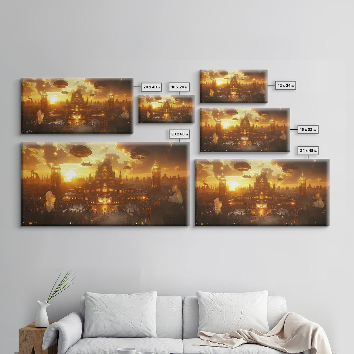 Golden Steampunk Palace Skyline Framed Canvas Print, Fantasy Wall Art, Futuristic Cityscape For Moody Office Decor And Living Room Decor