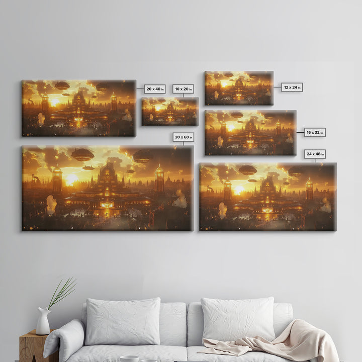 Golden Steampunk Palace Skyline Framed Canvas Print, Fantasy Wall Art, Futuristic Cityscape For Moody Office Decor And Living Room Decor