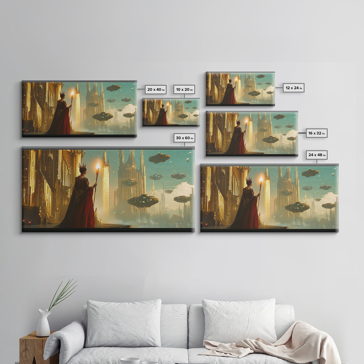Cloaked Mage With Torch Canvas Print, Fantasy Wall Art, Futuristic Cityscape, Dark Academia Office Decor, Sci Fi Art, Gift For Him