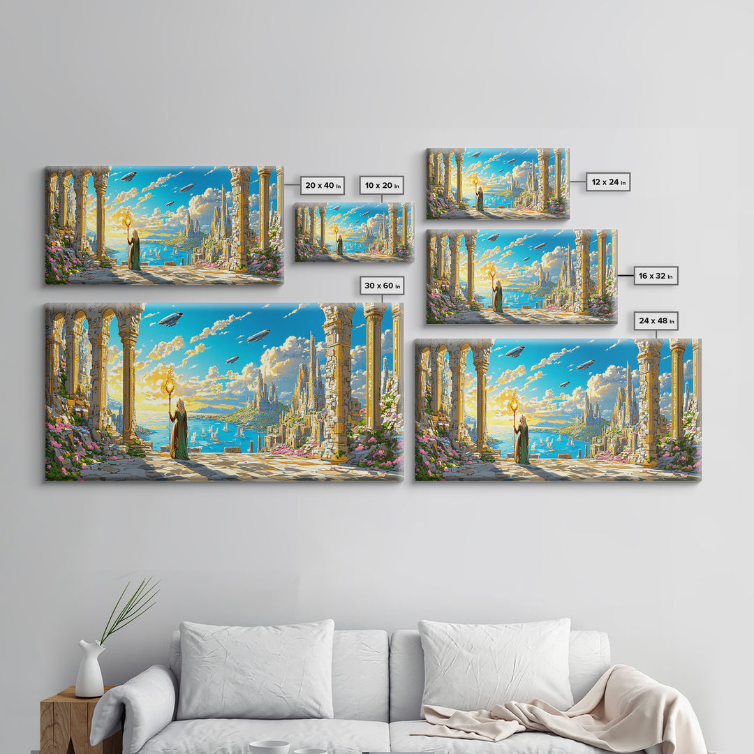 Ancient Ruins Over Ocean Canvas Print, Fantasy Wall Art, Coastal Sky Kingdom Landscape, Whimsical Living Room Decor And Office Art