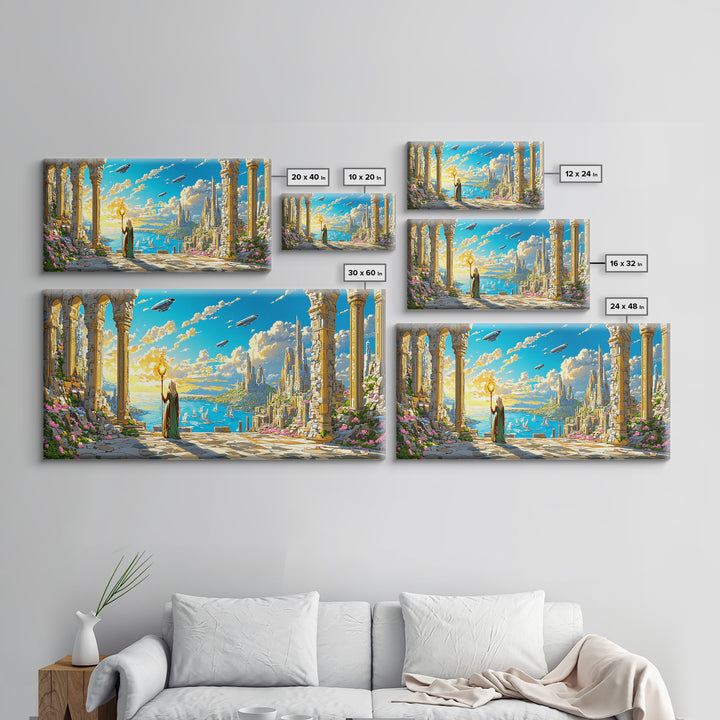 Ancient Ruins Over Ocean Canvas Print, Fantasy Wall Art, Coastal Sky Kingdom Landscape, Whimsical Living Room Decor And Office Art
