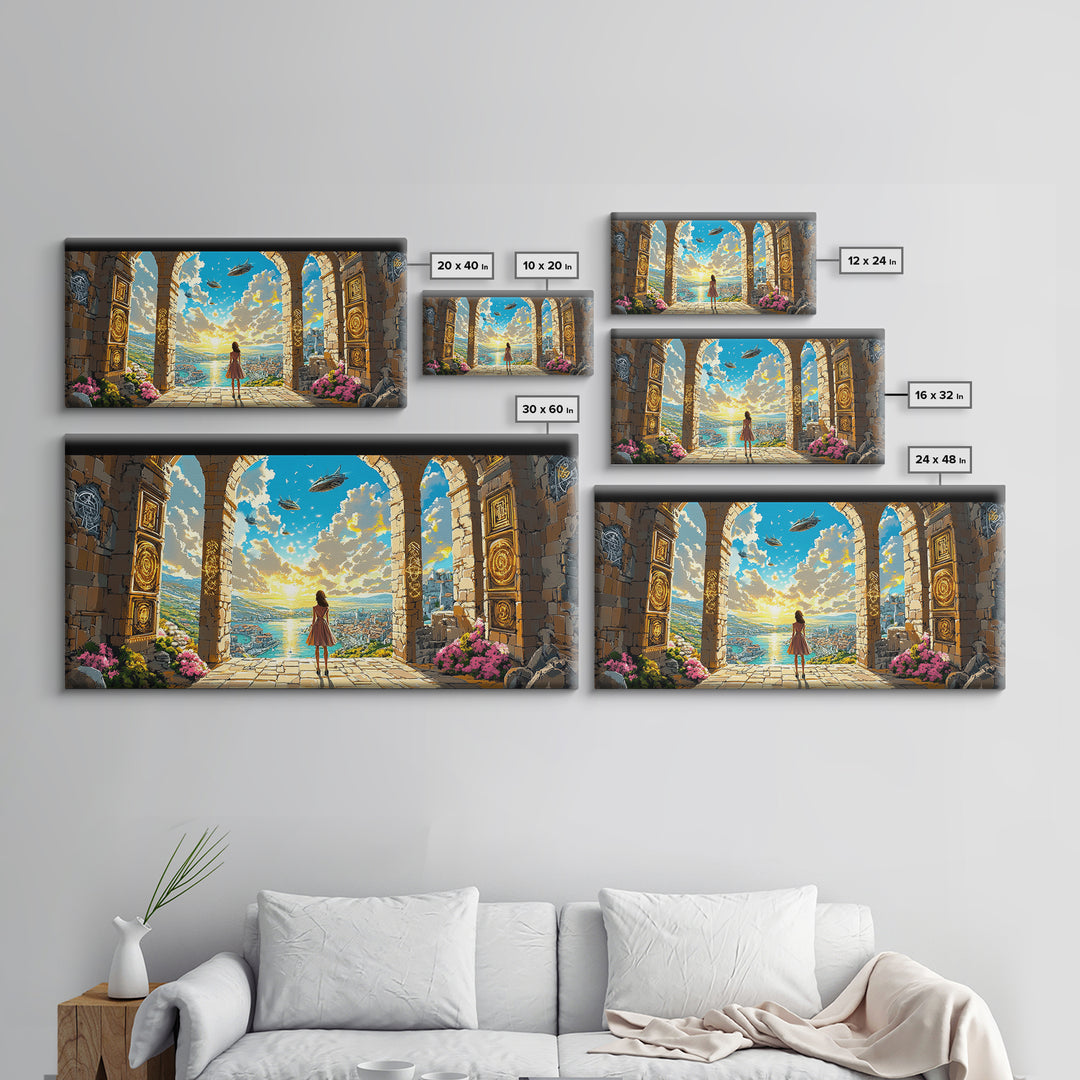 Girl At Golden Archway Canvas Print, Fantasy Wall Art, Magical City View, Whimsical Bedroom Decor And Nursery Wall Art Print