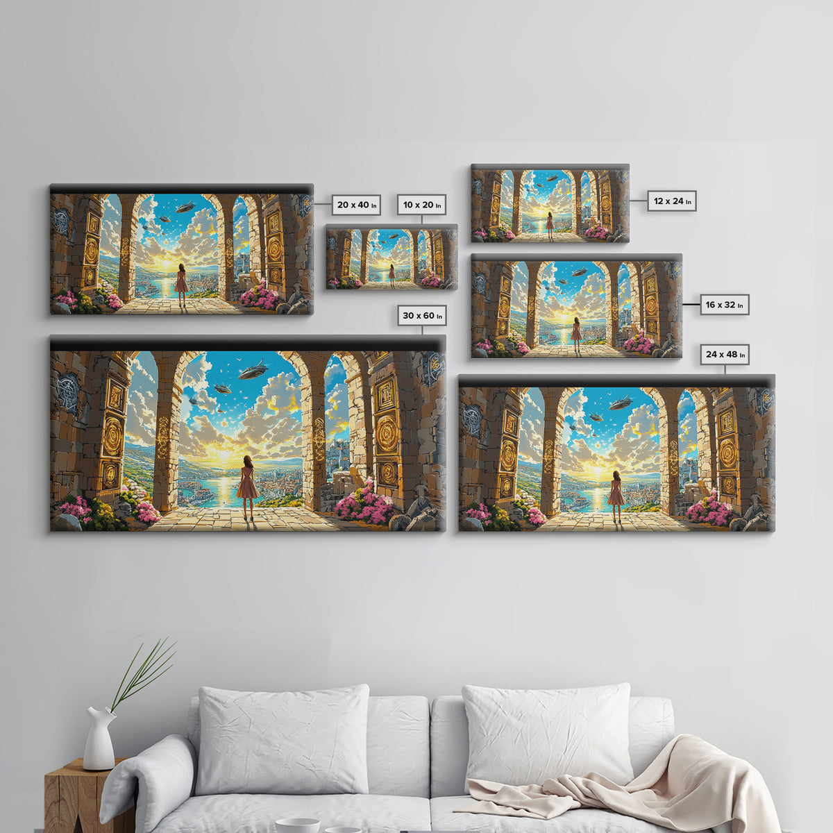 Girl At Golden Archway Canvas Print, Fantasy Wall Art, Magical City View, Whimsical Bedroom Decor And Nursery Wall Art Print