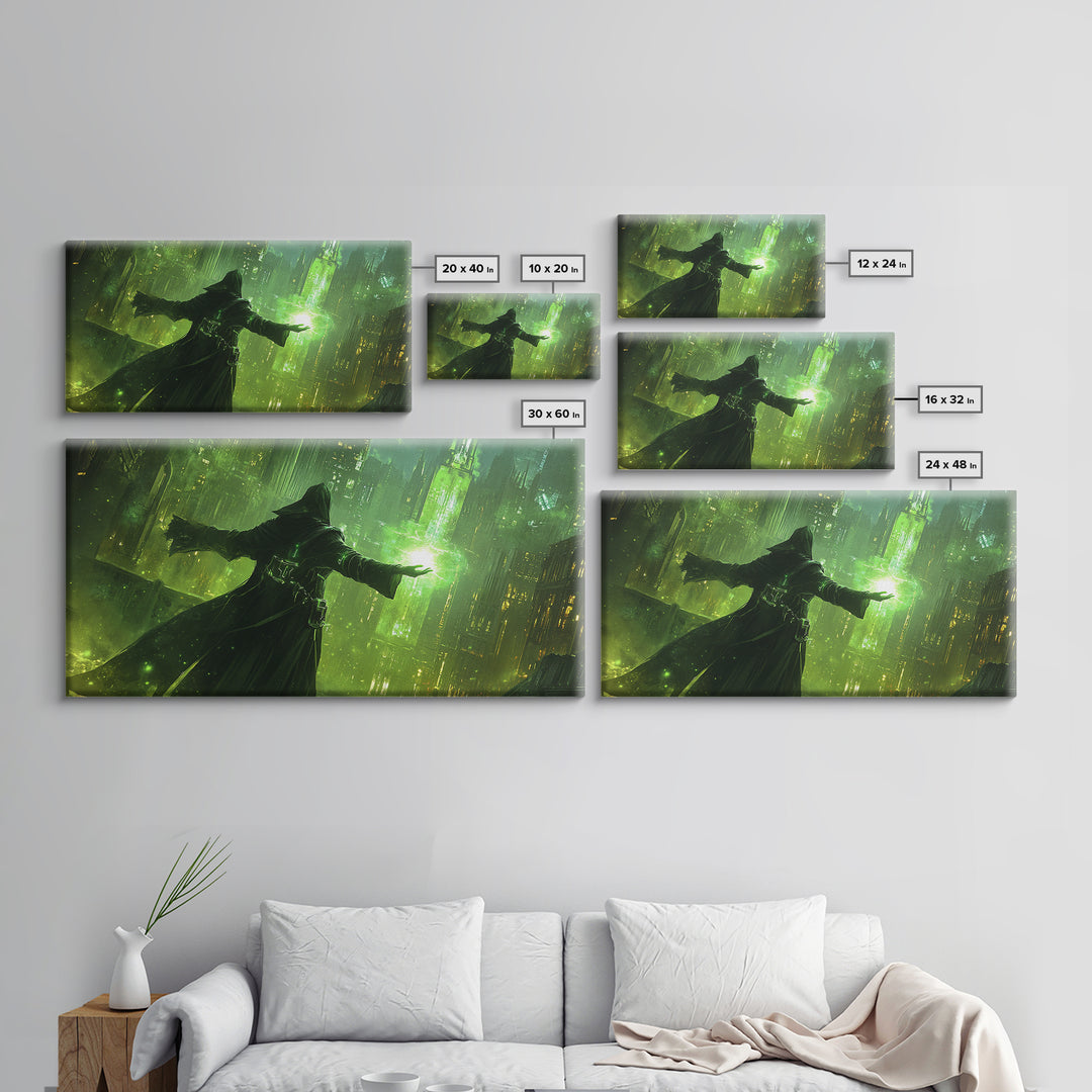 Emerald Dark Sorcerer Canvas Print, Fantasy Wall Art, Green Sci Fi Cityscape, Gothic Office Decor And Gaming Room Art For Him