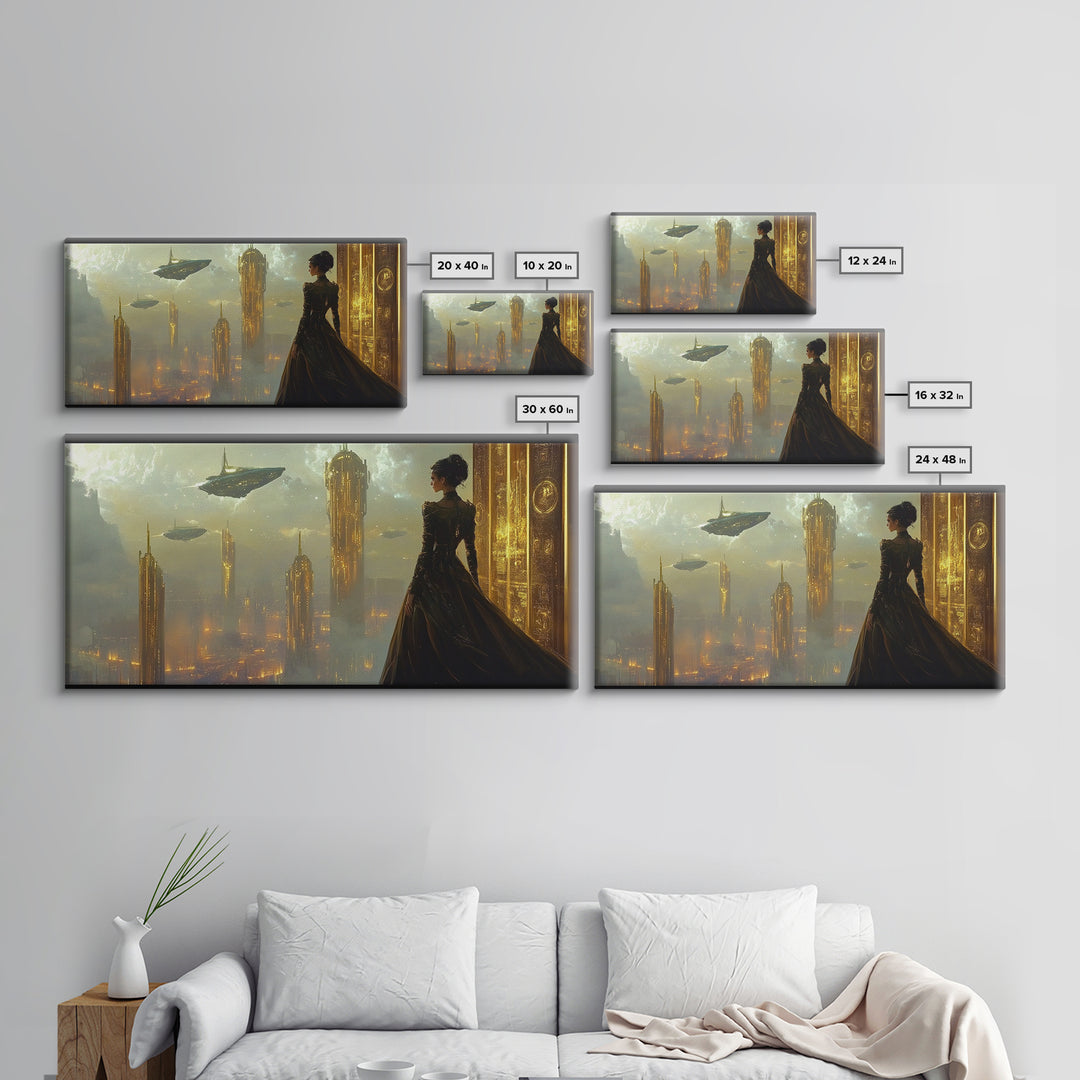 Elegant Woman Over Golden City Framed Canvas Print, Fantasy Wall Art, Futuristic Skyline Decor, Dark Feminine Office Art