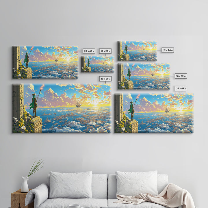 Green Robed Mage Above Cloud City Canvas Print, Fantasy Wall Art, Ocean Sky Landscape, Magical Coastal Living Room Decor