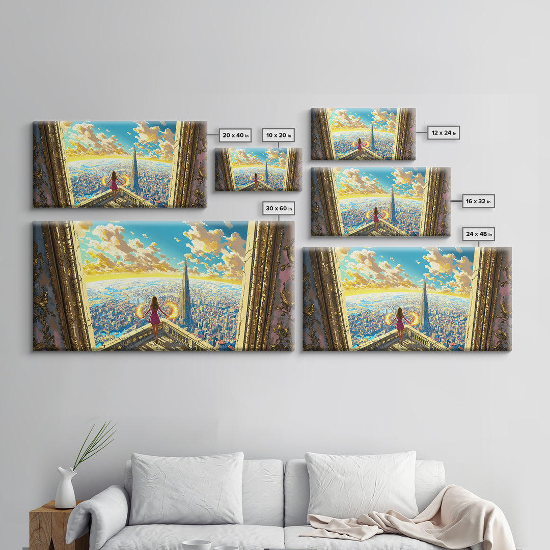 Girl With Fiery Wings Canvas Print, Fantasy Wall Art, Bright Futuristic Cityscape, Magical Bedroom Decor And Heroine Art