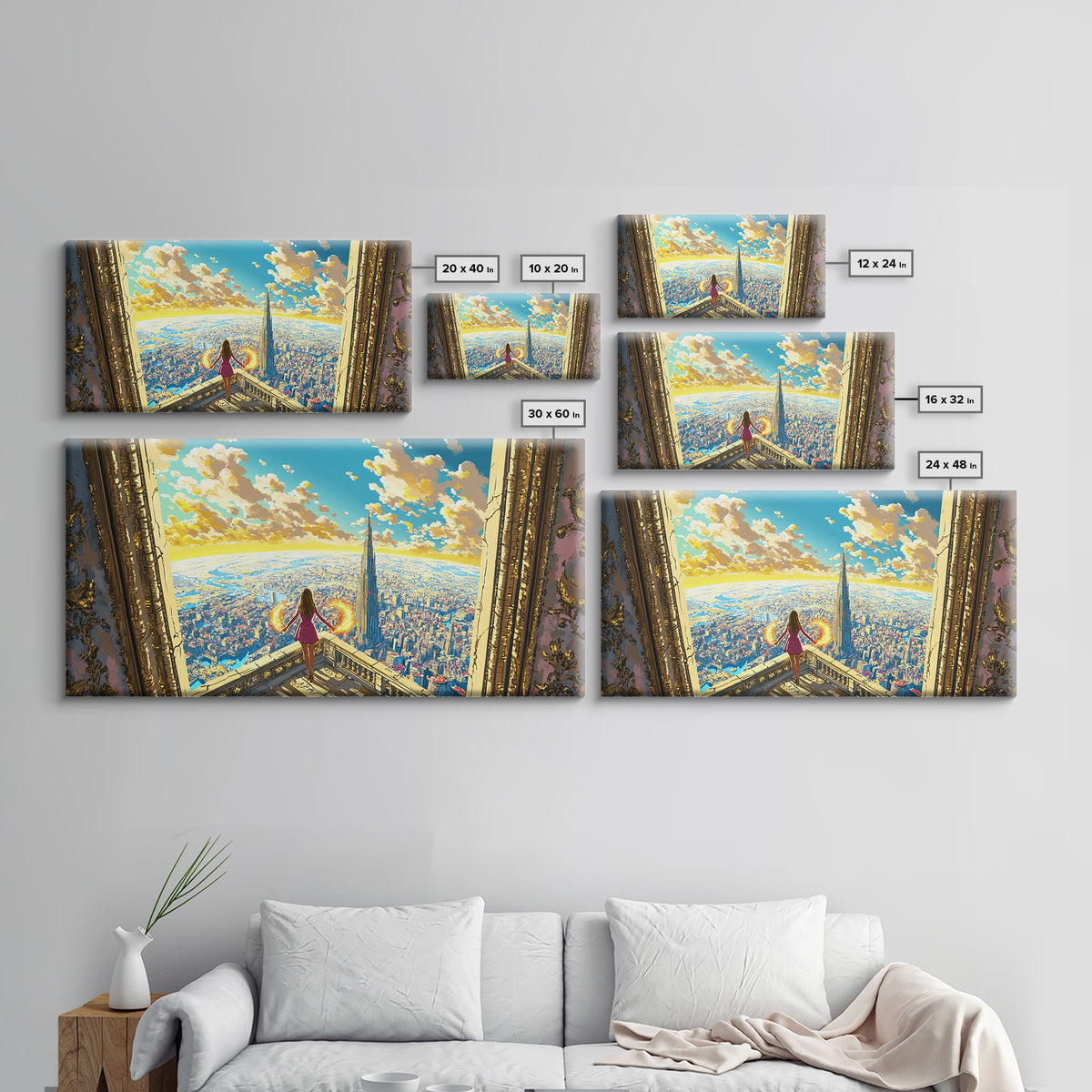 Girl With Fiery Wings Canvas Print, Fantasy Wall Art, Bright Futuristic Cityscape, Magical Bedroom Decor And Heroine Art