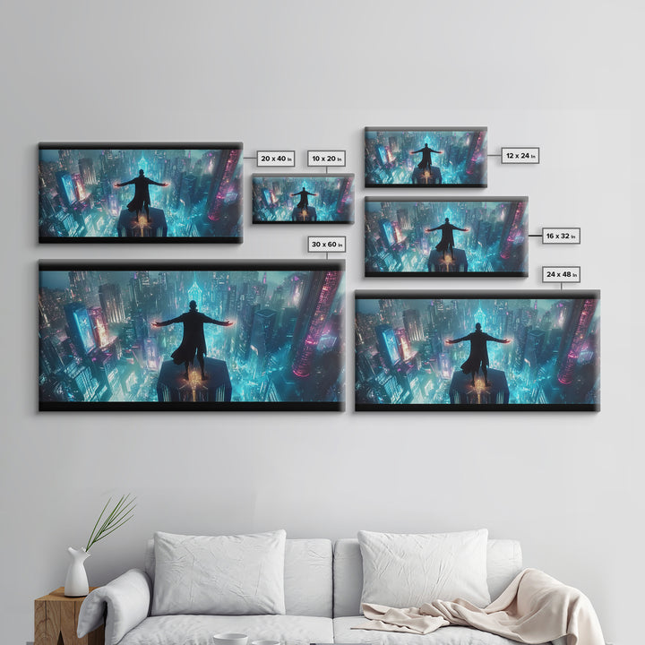 Neon Cyberpunk Skyline Framed Canvas Print, Futuristic City Wall Art, Sci Fi Gamer Room Decor And Dystopian Poster Prints