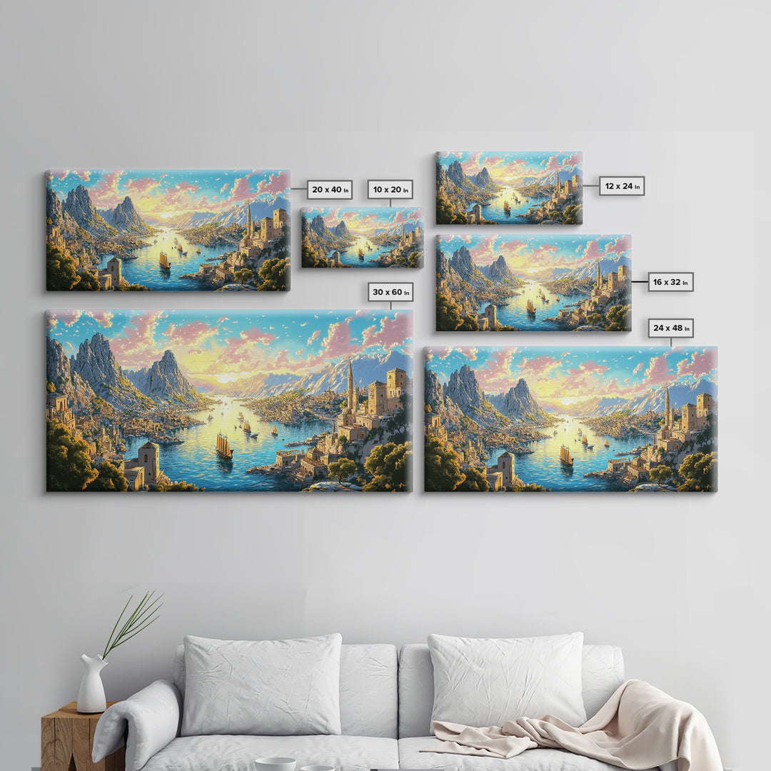 Mediterranean Mountain Harbor Canvas Print, Fantasy Seascape Wall Art, Coastal Village Decor For Living Room And Office Decor