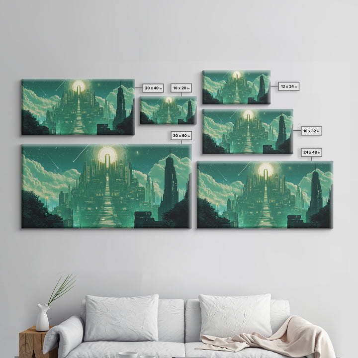 Emerald Celestial Temple Wall Art, Mystical Green City Canvas Print, Sci Fi Fantasy Decor For Meditation Room And Office