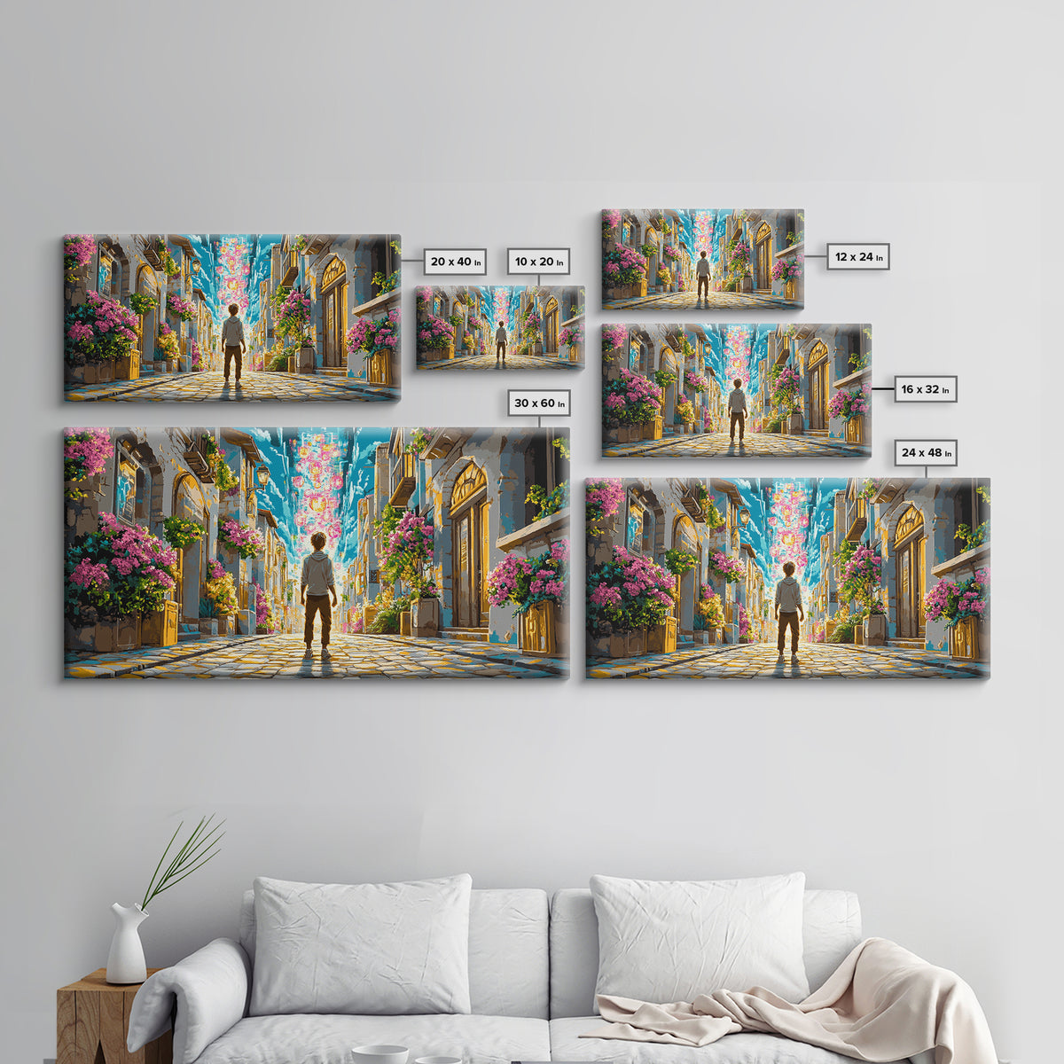 Vibrant Flowered Cobblestone Alley Wall Art, Fantasy Cityscape Canvas, Colorful Travel Poster, Living Room Wall Decor Print