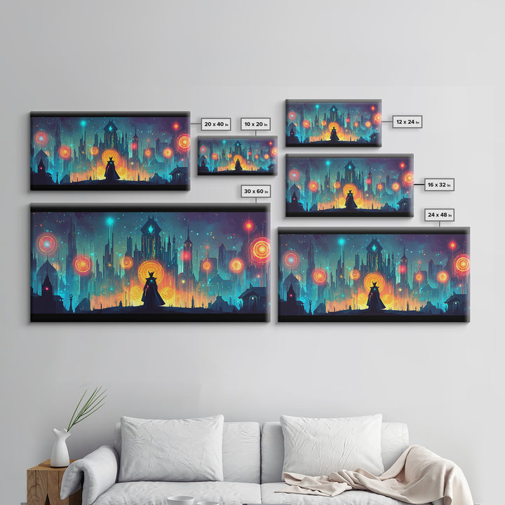 Cloaked Sorceress In Neon Skyline Wall Art, Cyberpunk Fantasy Canvas, Mystical Cityscape, Modern Sci Fi Gamer Room Decor Print