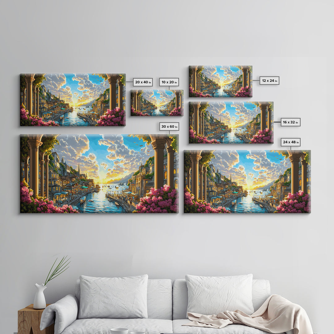 Sunlit Coastal Canal Harbor Wall Art, Mediterranean Cityscape Canvas, Seaside Landscape Print, Elegant Living Room Decor