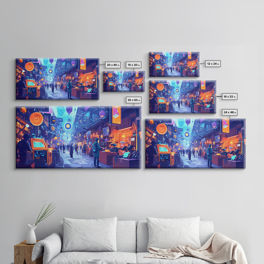 Neon Cyberpunk Market Arcade Wall Art, Futuristic City Canvas Print, Modern Gamer Room Decor, Sci Fi Urban Street Poster