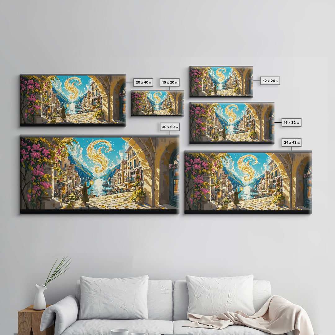 Golden Swirl Over Coastal Village Wall Art, Amalfi Inspired Canvas Print, Mediterranean Travel Poster, Magical Home Decor