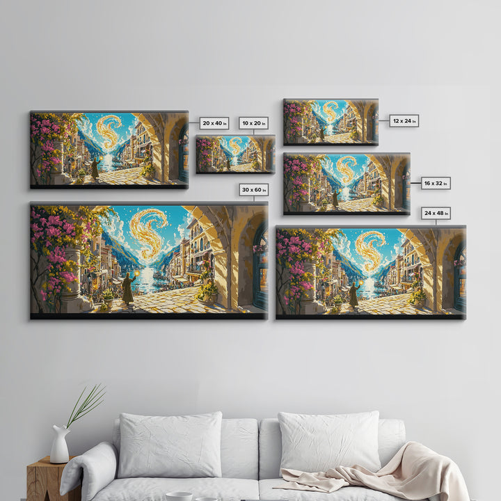 Golden Swirl Over Coastal Village Wall Art, Amalfi Inspired Canvas Print, Mediterranean Travel Poster, Magical Home Decor