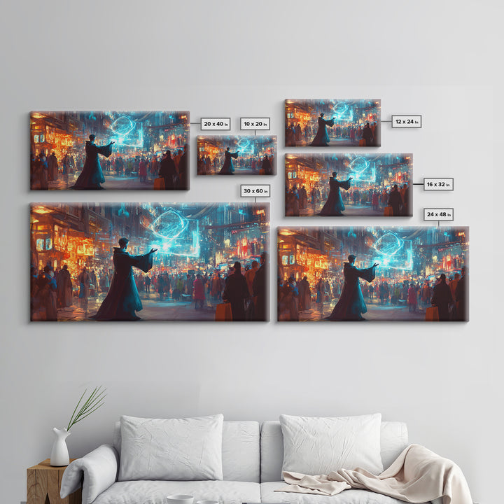 Wizard Casting Hologram In Neon City Wall Art, Cyberpunk Fantasy Canvas Print, Sci Fi Poster, Futuristic Modern Office Decor