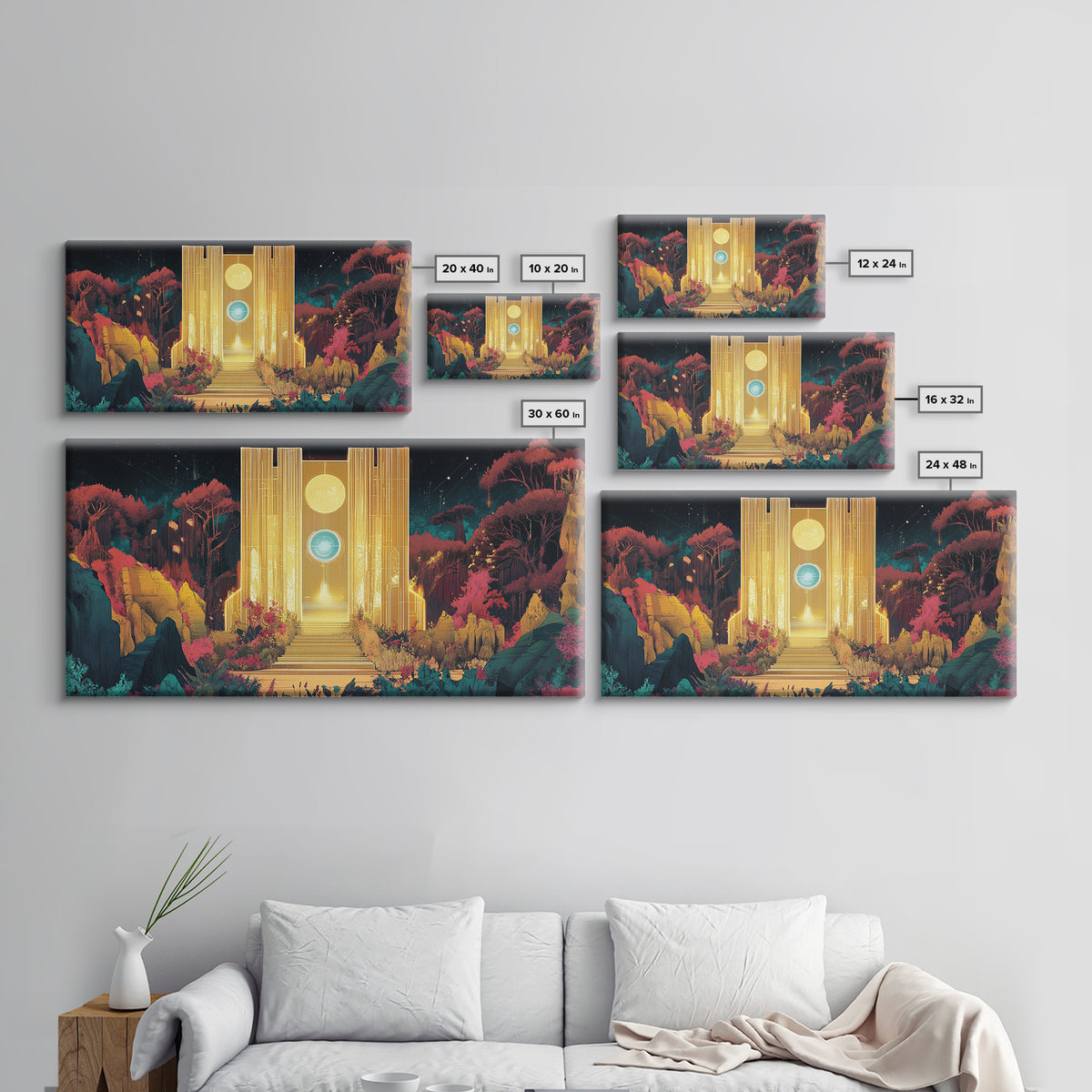 Golden Portal Temple In Alien Garden Wall Art, Celestial Fantasy Canvas Print, Mystical Landscape, Statement Art Home Decor