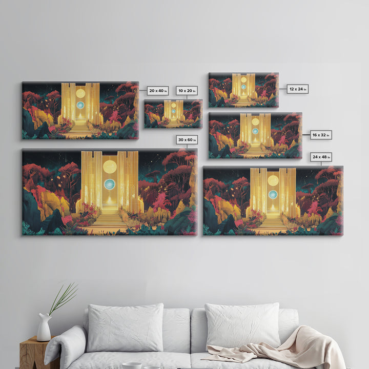 Golden Portal Temple In Alien Garden Wall Art, Celestial Fantasy Canvas Print, Mystical Landscape, Statement Art Home Decor