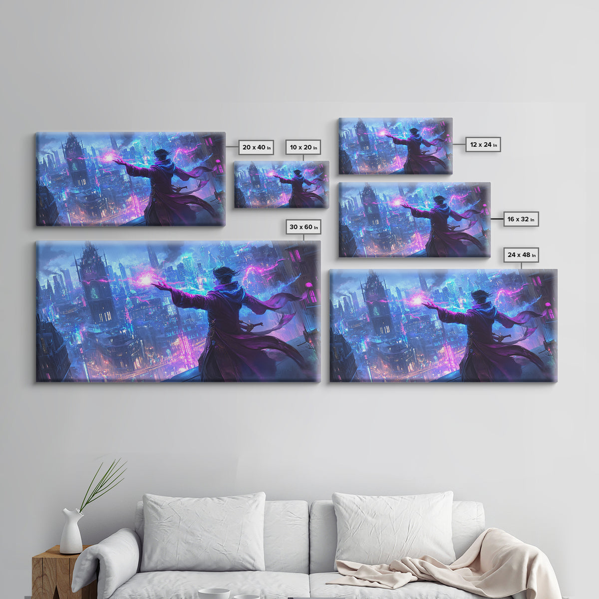 Mage Casting Neon Lightning Over City Wall Art, Cyberpunk Fantasy Canvas Print, Futuristic Skyline, Sci Fi Gamer Room Decor