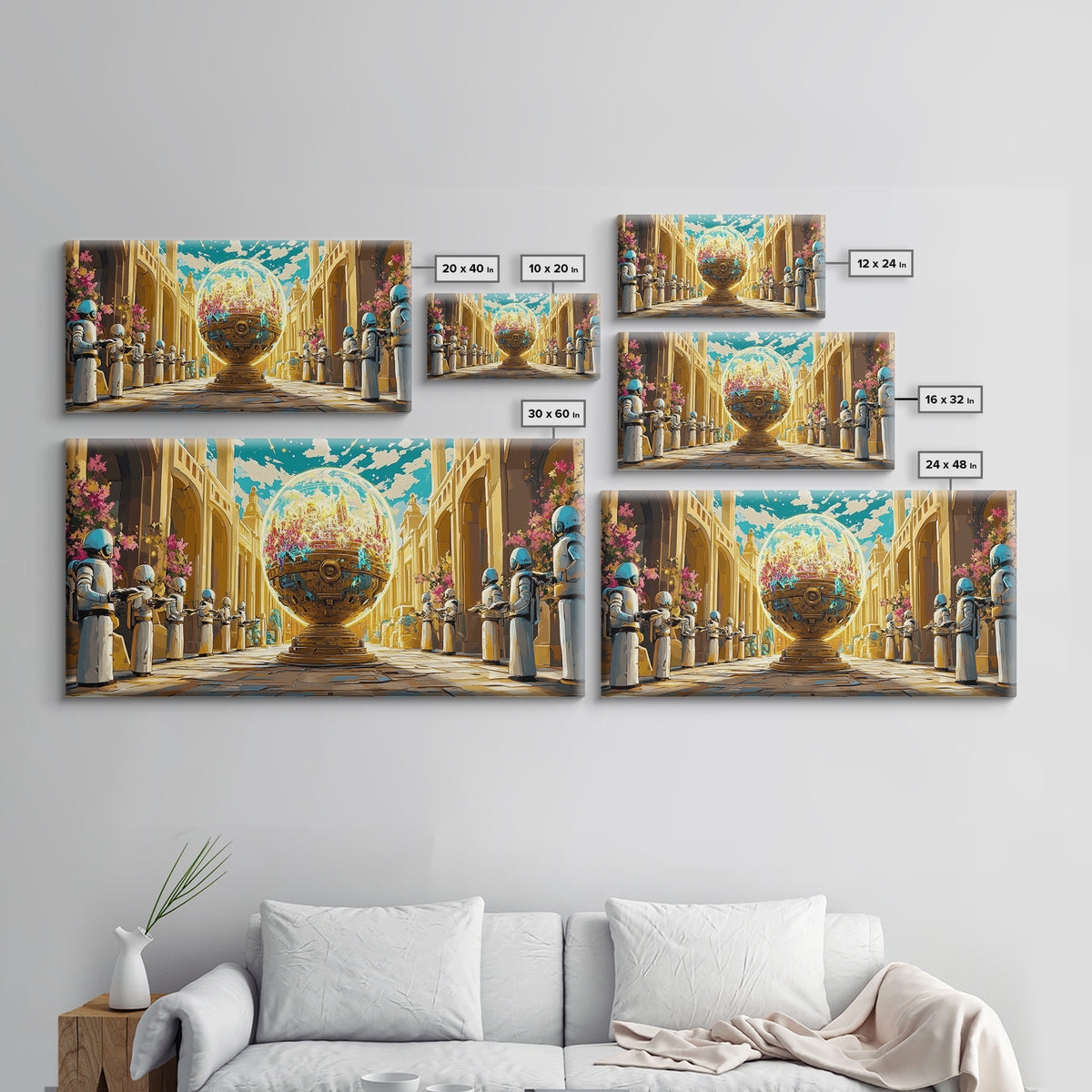 Golden Orb Palace With Futuristic Guards Wall Art, Sci Fi Fantasy Canvas Print, Maximalist Cityscape, Unique Art Home Decor