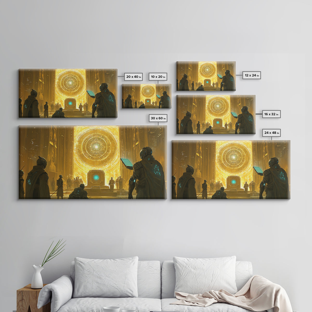 Radiant Cosmic Portal Hall With Astronauts Wall Art, Golden Sci Fi Canvas Print, Futuristic Temple, Celestial Statement Home Decor