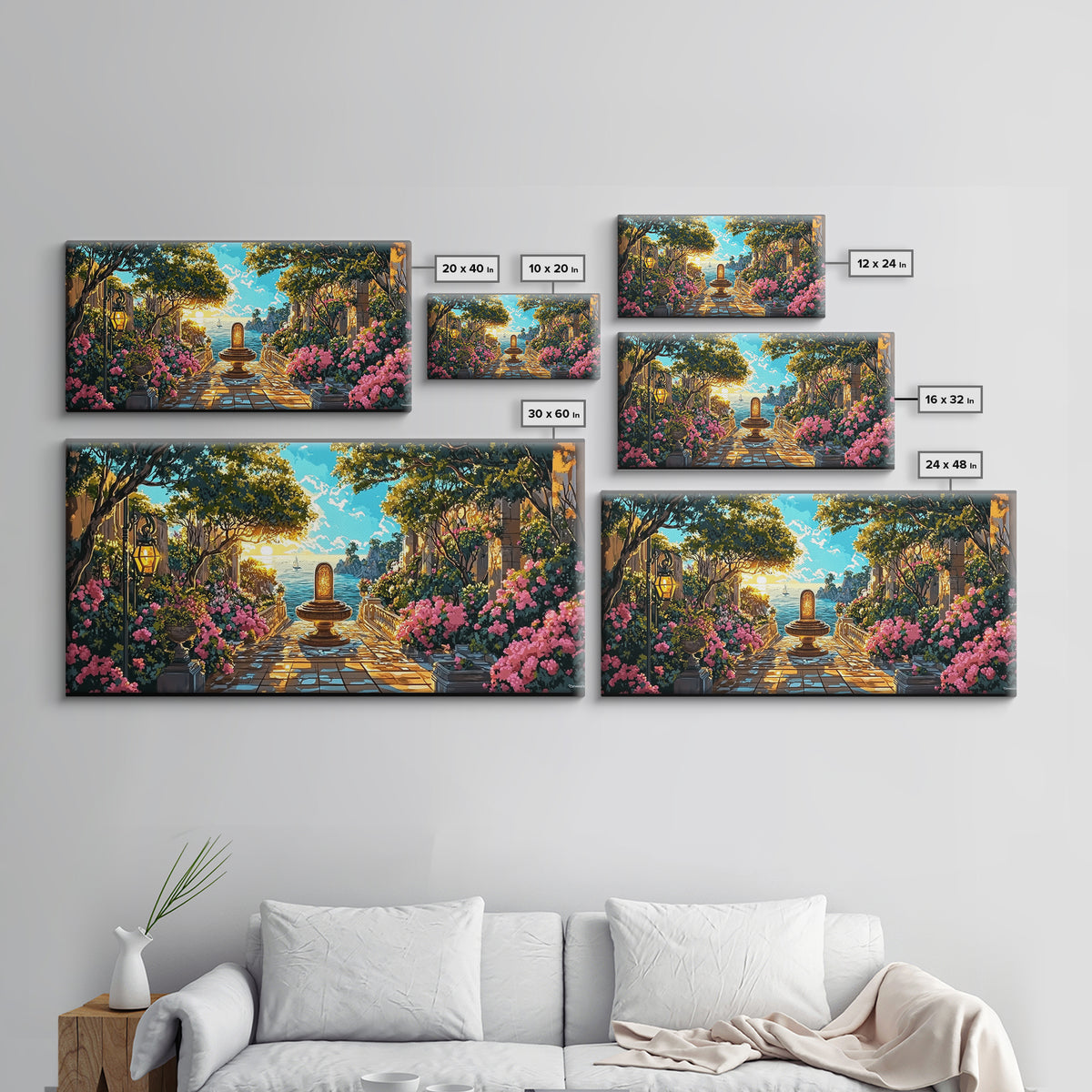 Sunlit Mediterranean Garden Fountain Canvas Print, Coastal Wall Art, Fantasy Landscape Art, Living Room Decor, Housewarming Gift