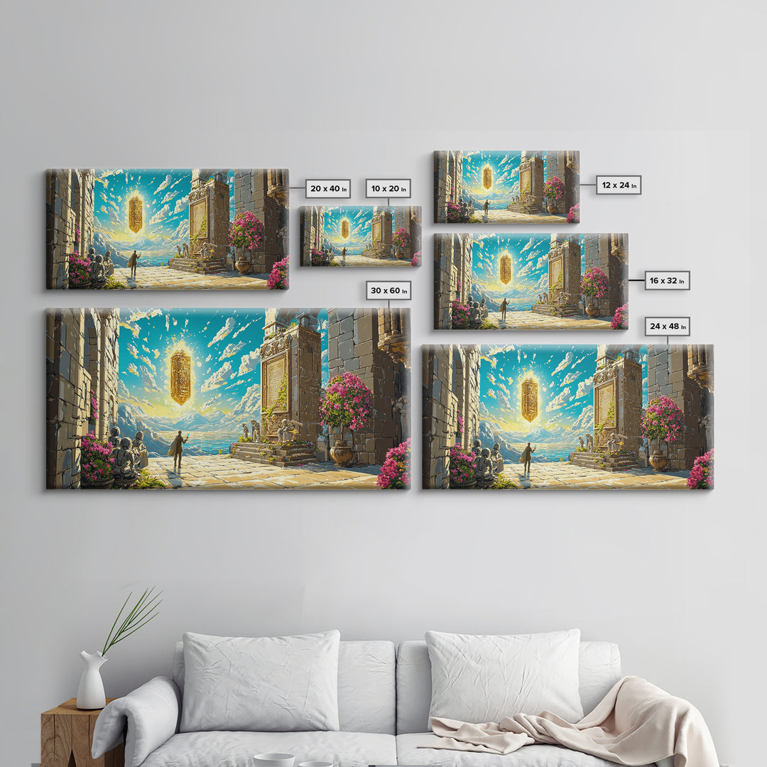 Ancient Seaside Temple Portal Framed Canvas Print, Fantasy Wall Art, Mountain Landscape Art, Living Room Decor, Unique Gift