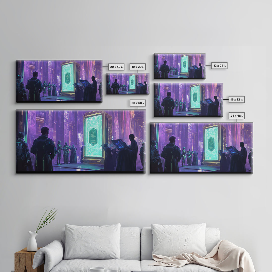 Purple Futuristic Monolith Ceremony Canvas Print, Cyberpunk Wall Art, Sci Fi Decor, Modern Office Art, Statement Artwork Gift